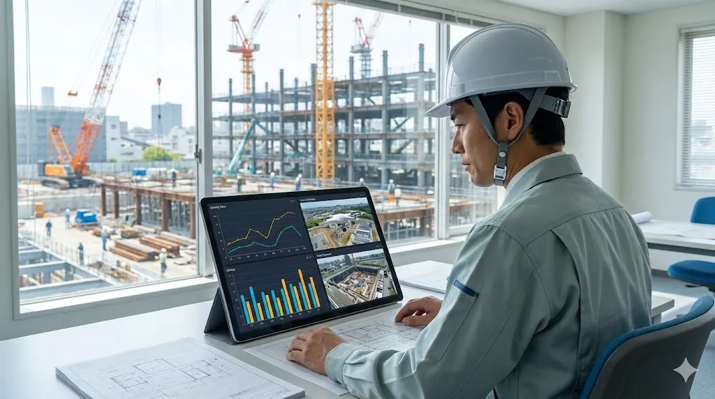 管理事務所でタブレットを使い複数の現場をリモート監視する現場監督