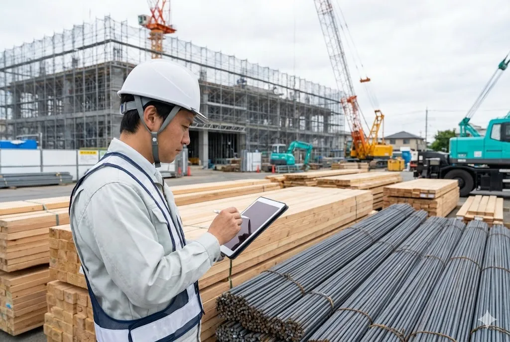 建設現場の資材置き場で在庫を確認する現場監督