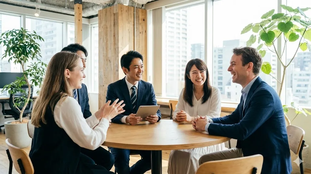 多様な国籍のビジネスパーソンが協力して働く様子