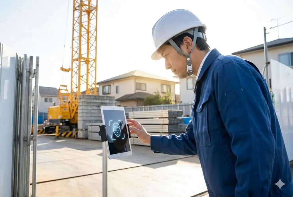 建設現場の入り口でタブレット端末による顔認証打刻を行う作業員