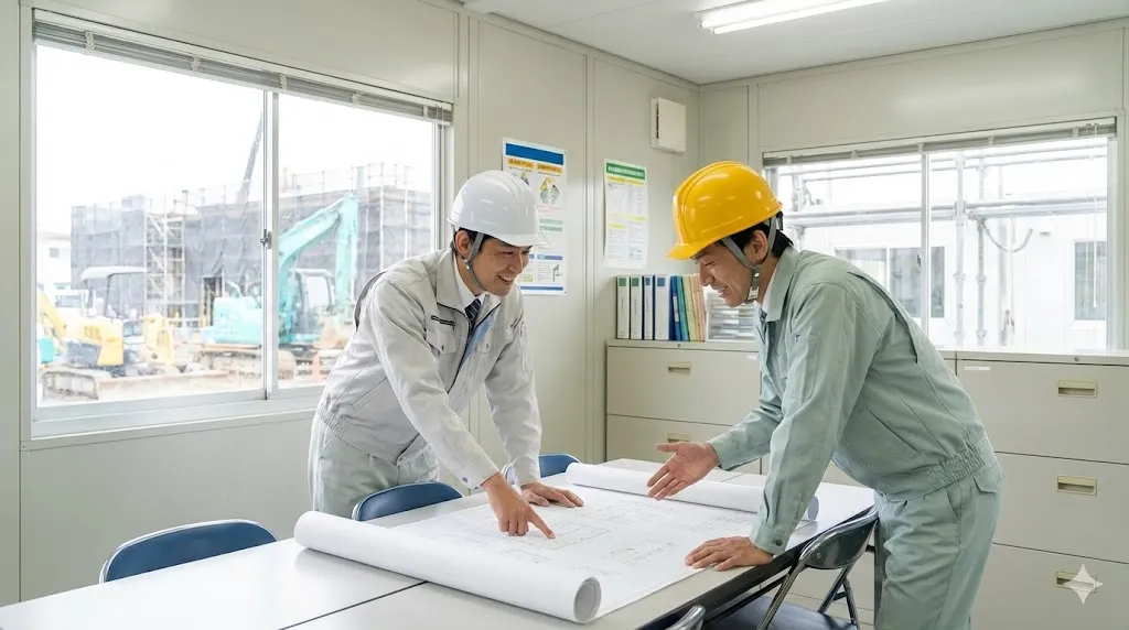 建設現場における元請と下請の適切なコミュニケーションの様子