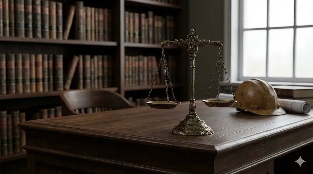 建設業界における法令遵守の重みと社会的責任を象徴するイメージ