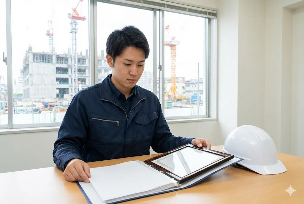 デスクで書類と許可証を確認する建設会社経営者