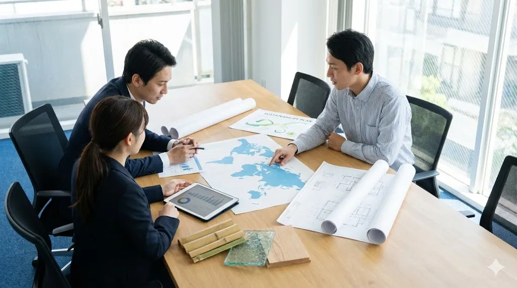 海外プロジェクトの環境戦略を策定するために世界地図と図面を囲んで協議する専門家たち