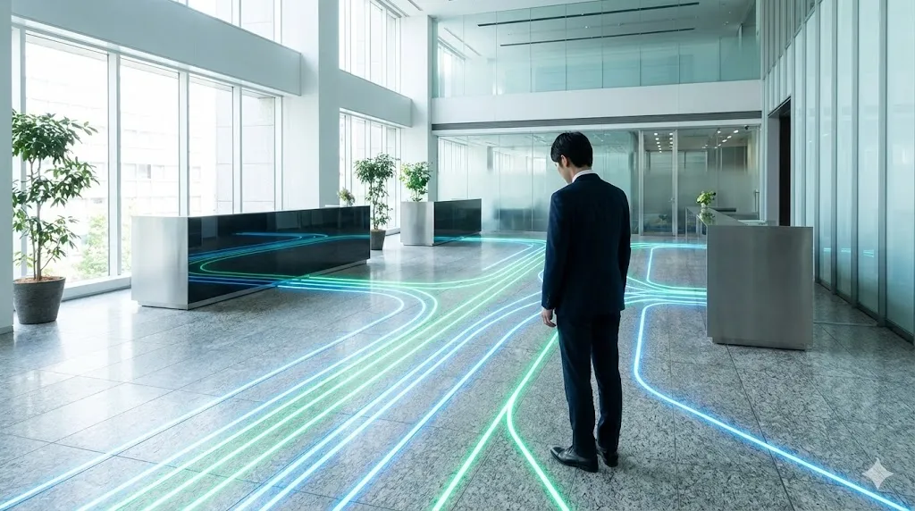 オフィスで将来のキャリアパスの道筋を象徴する光のラインを見つめるビジネスパーソン