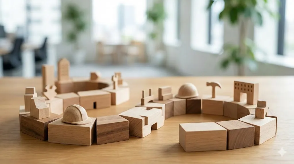 職種や役割を象徴する異なる形状の積み木が道を作っている様子