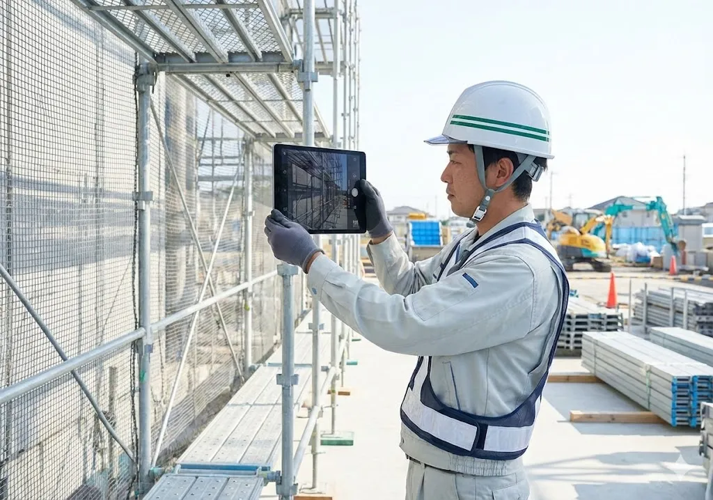 建設現場で安全設備の状態を記録するために工事写真を撮影する管理者の様子