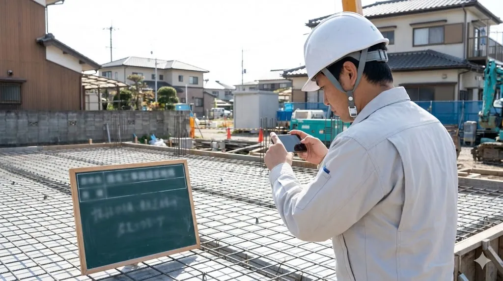 工事用黒板を用いて配筋状況を撮影する現場技術者