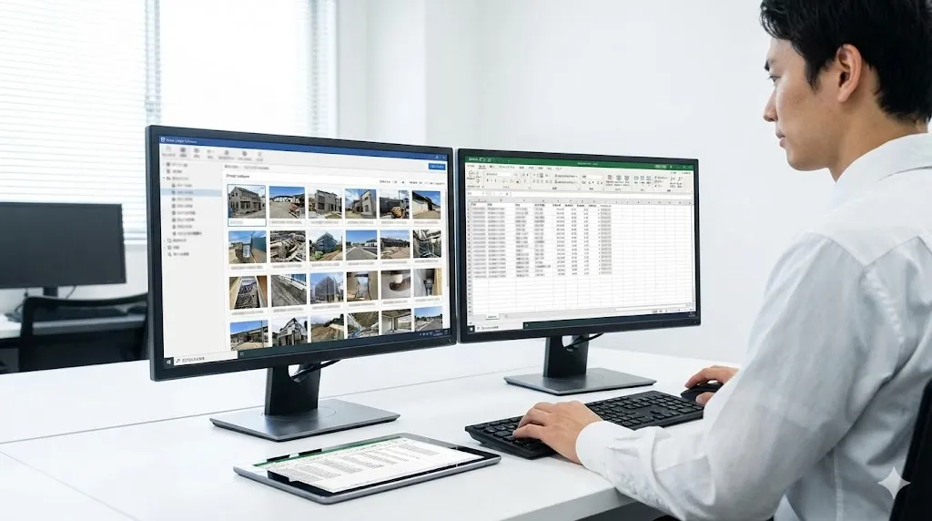 エクセルでの台帳作成と専用アプリの機能を比較検討するオフィスワーカー
