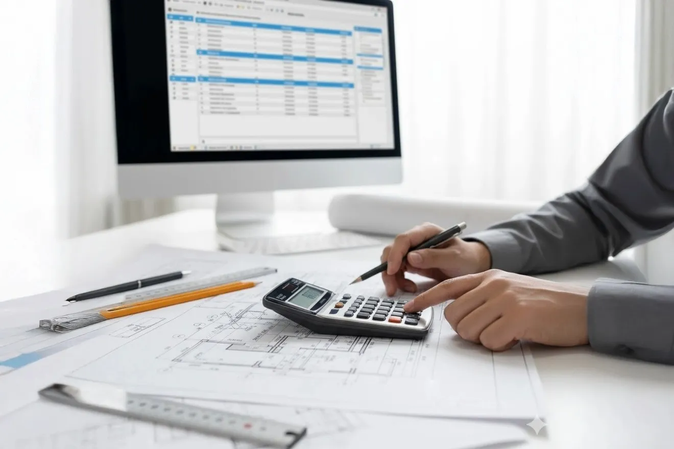 設計図面と電卓を使い建設費用の見積もり計算をする手元