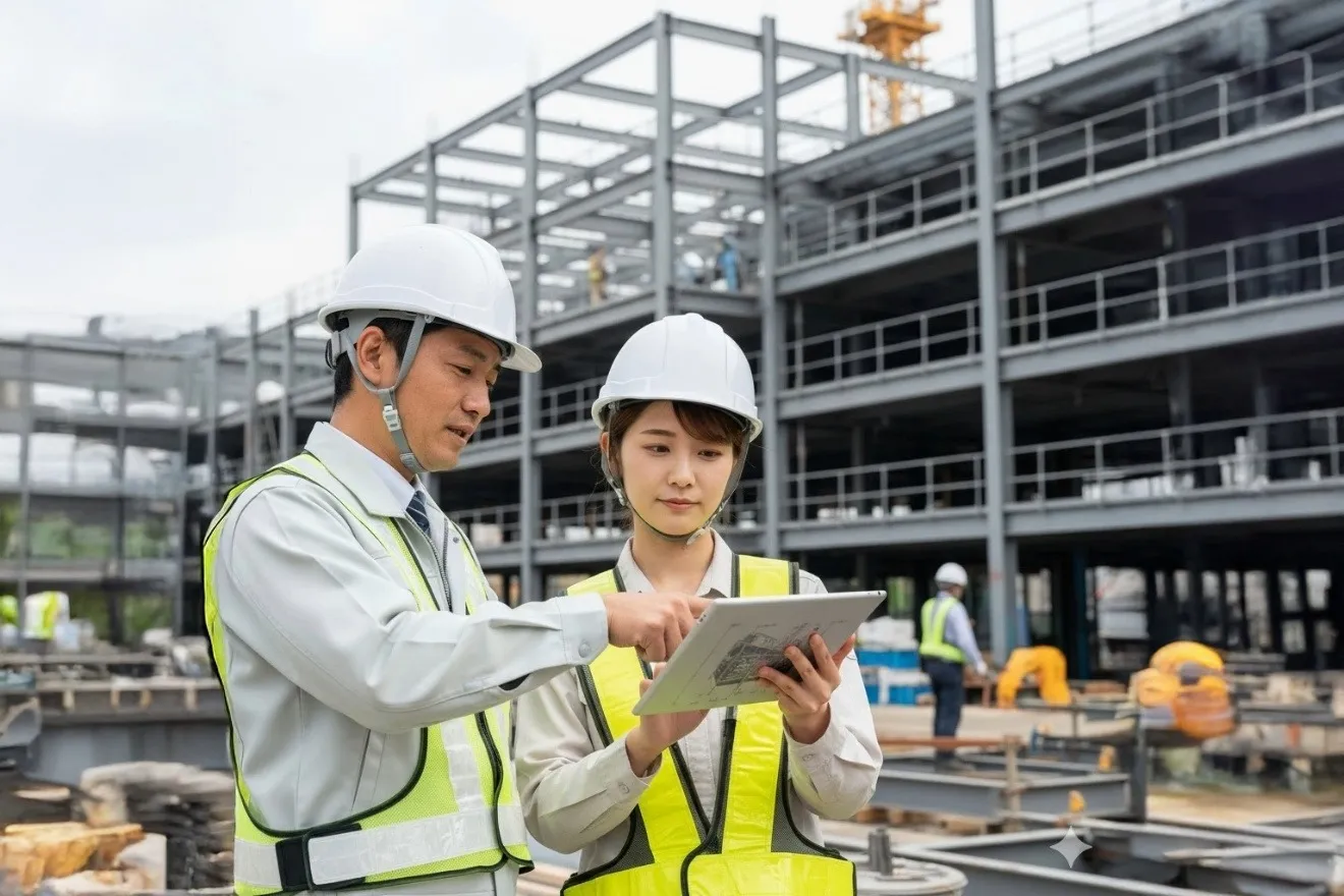 建設現場でタブレットを見ながら打ち合わせをする2人の技術者