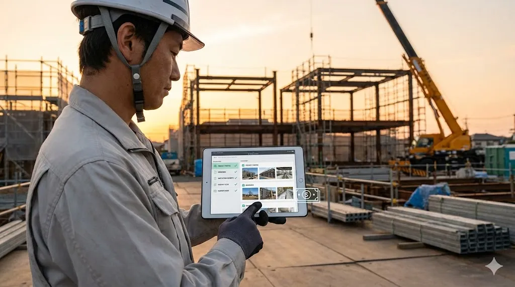 工事現場で現場監督がタブレットを活用して整理された電子納品用データを確認している様子