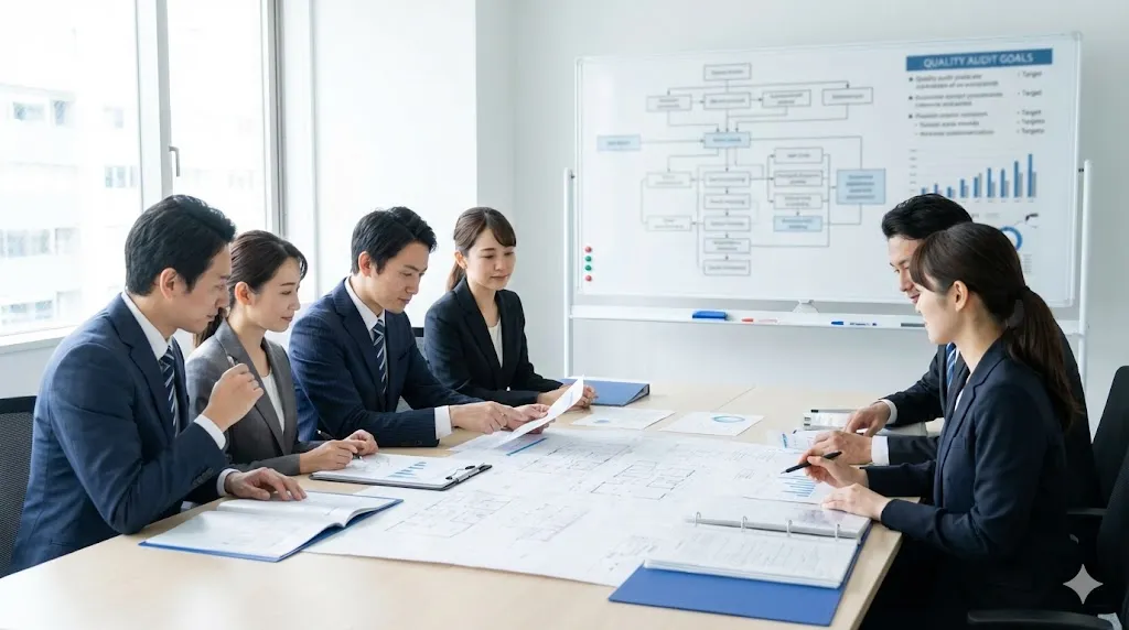 監査員と担当者が製造記録などの書類を照合しエビデンスを確認しているシーン