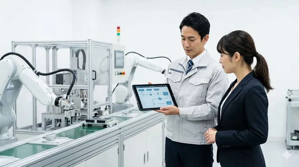 工場内で作業員が監査員に対してデジタル端末を用いて作業手順の説明を行っている場面