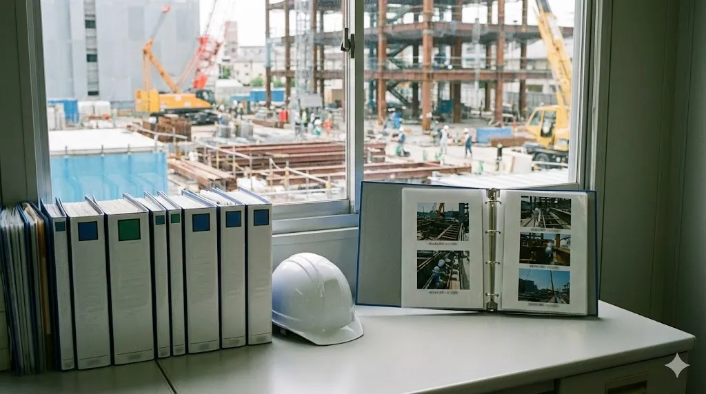 整理された安全書類ファイルと建設現場の風景
