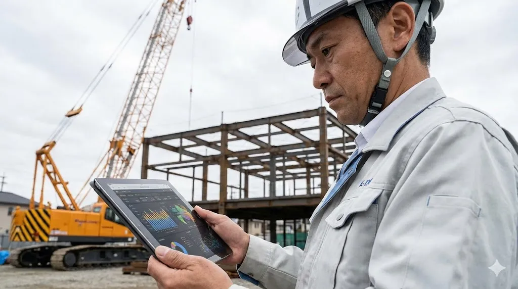 建設現場でデジタル端末を用いてコストデータを確認する責任者