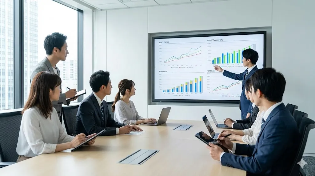 オフィスで原価データのグラフを見ながら分析・議論するチームメンバー