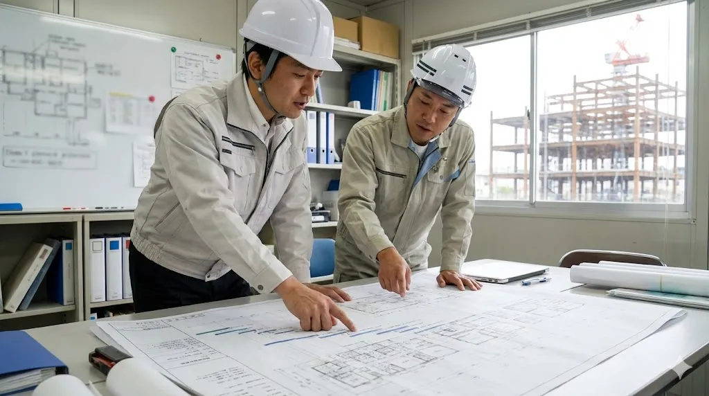 元請の現場監督と協力会社の職長が図面を見ながら打ち合わせをしている様子