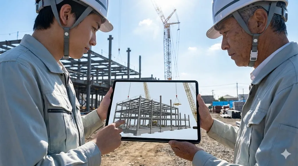 建設現場でタブレット端末を使用して施工計画を確認する様子