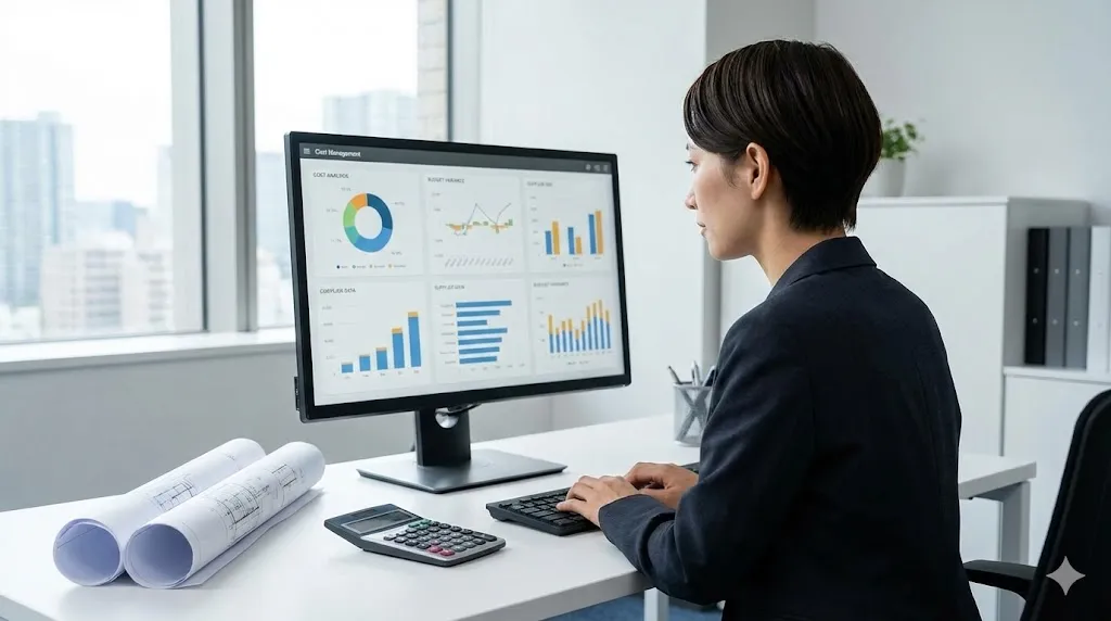 オフィスで原価管理のデータを確認する調達担当者