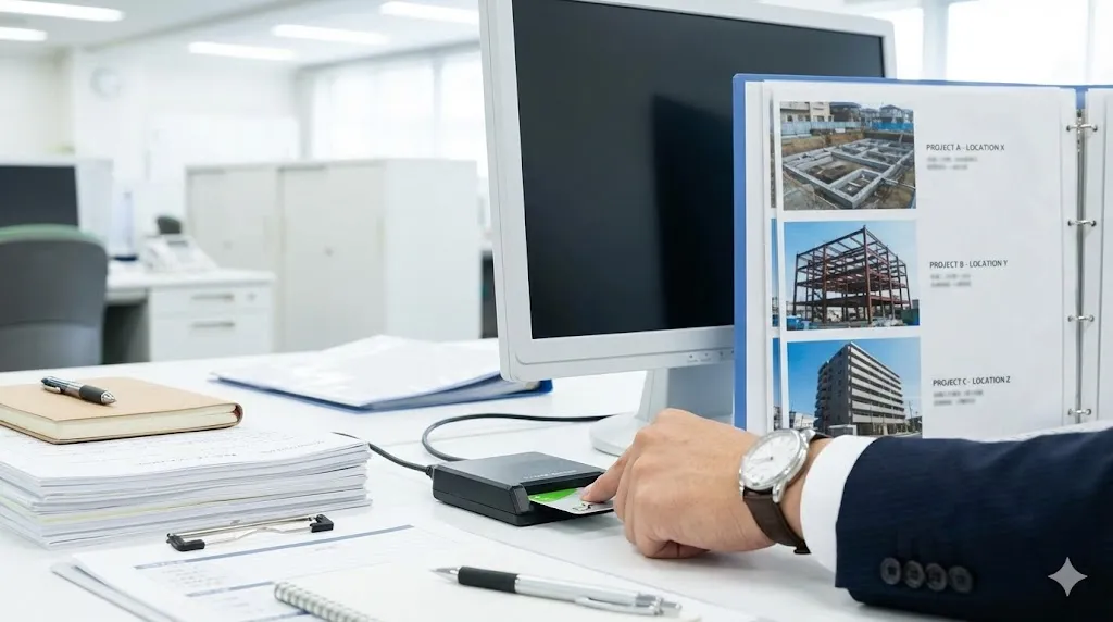 パソコンに接続されたICカードリーダーとICカードを準備する様子