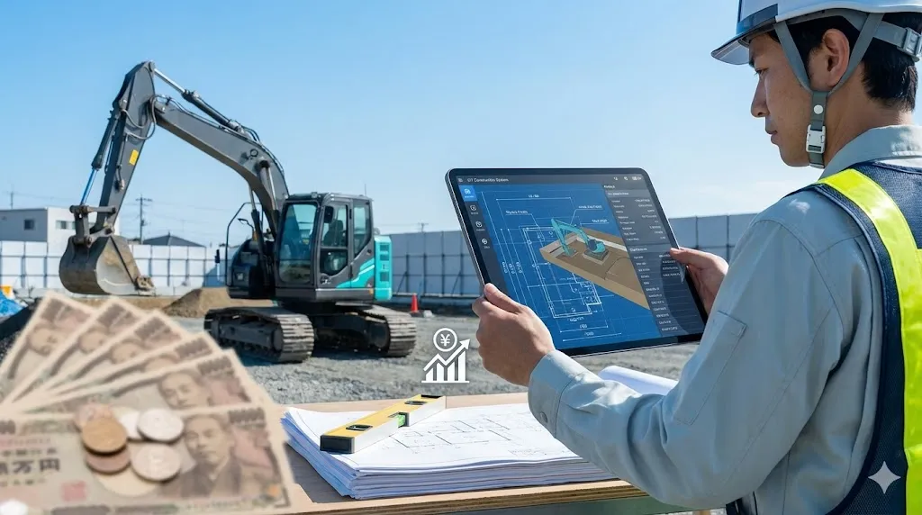 最新のICT建機を活用する建設現場でデジタル端末を確認する作業員