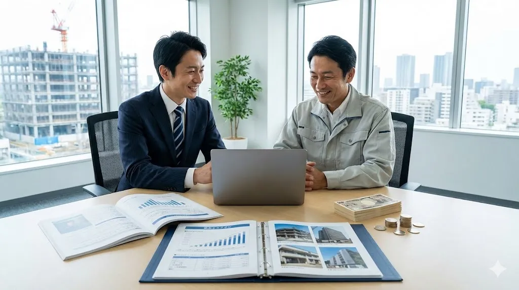 専門家と建設会社の経営者が資料を見ながら相談するビジネスシーン