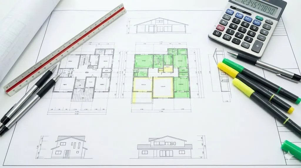 図面と計測道具が置かれた机の上で進められる精緻な積算作業のイメージ