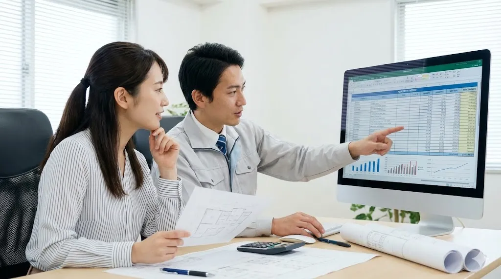 PCモニターと図面を照らし合わせながら二人の担当者が念入りに確認作業を行う様子