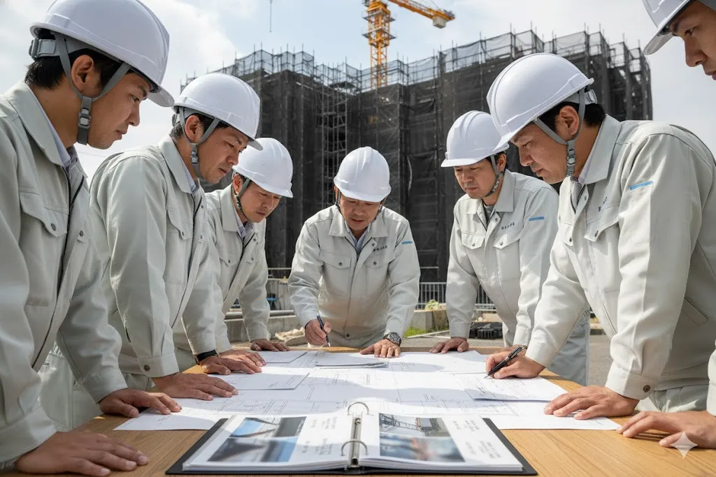 建設現場で図面を見ながら打ち合わせを行う作業員たち