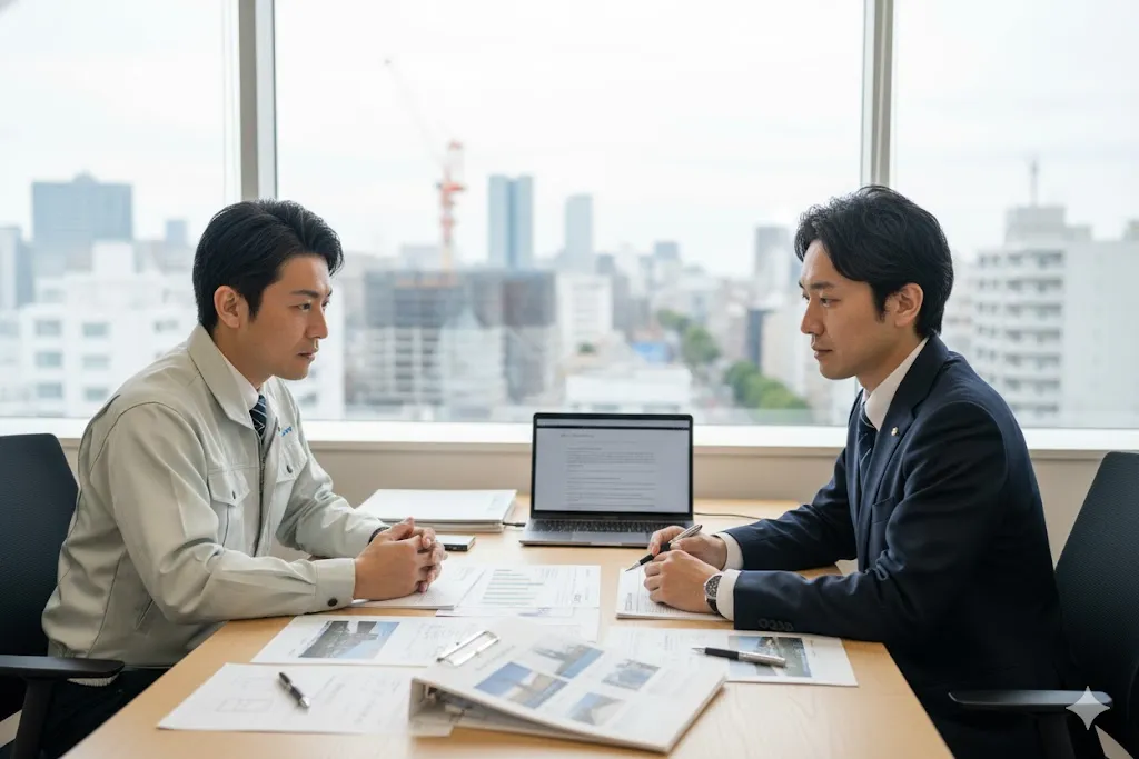 専門家である行政書士に相談しながら必要な届出を確認する建設会社の担当者