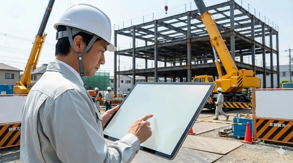 建設現場で最新のタブレットを使用して工事予算を確認する現場監督の様子