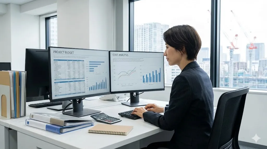 オフィスで見積りデータと実績原価を比較分析する担当者の様子