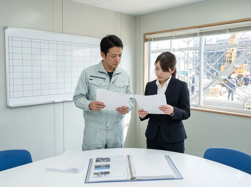 建設業許可の更新期限をカレンダーで確認しながら書類作成を行う事務スタッフの様子