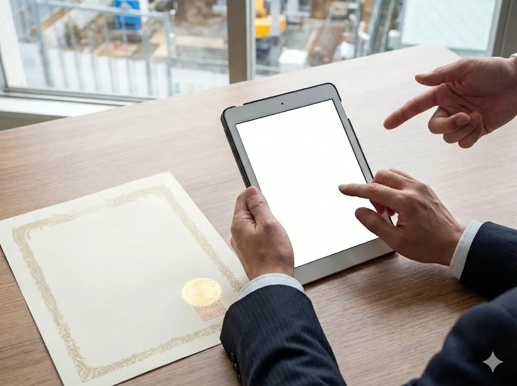 行政書士と建設会社経営者が届出業務の完了を確認し信頼関係を築いている様子