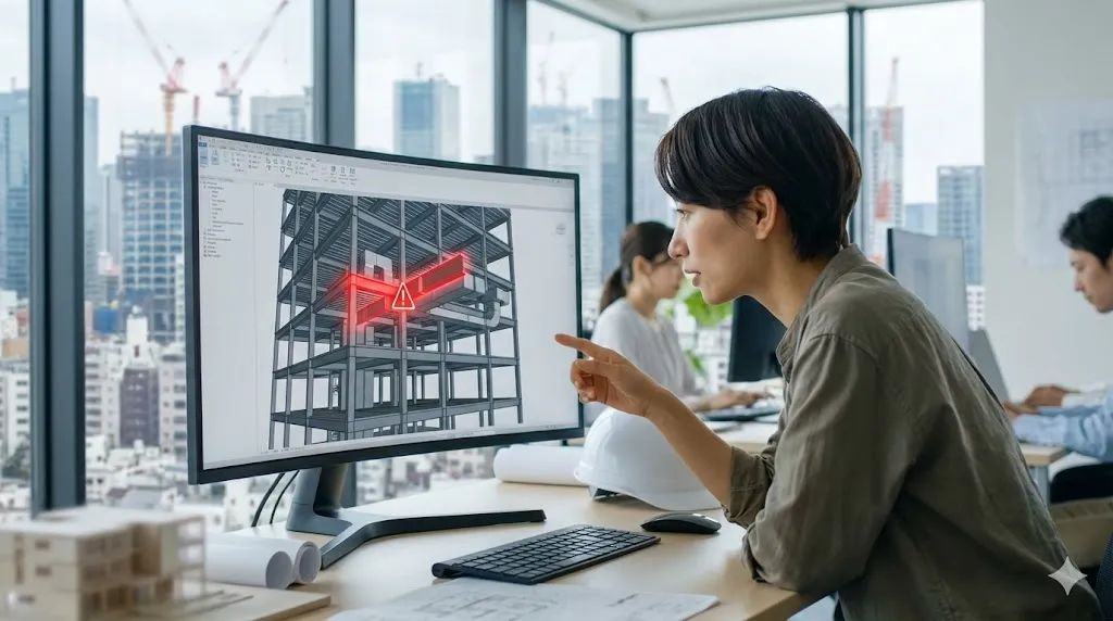 最新のBIMソフトを使用して建物の3Dモデル上で干渉箇所を確認している建築士の様子