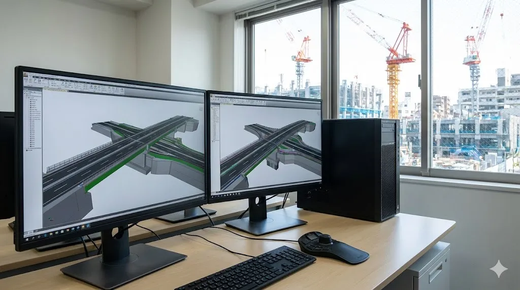 4Kの大型湾曲モニターに3次元橋梁モデルを表示し、3Dマウスやワークステーションを備えたプロフェッショナルなCIM設計環境のデスクセットアップ