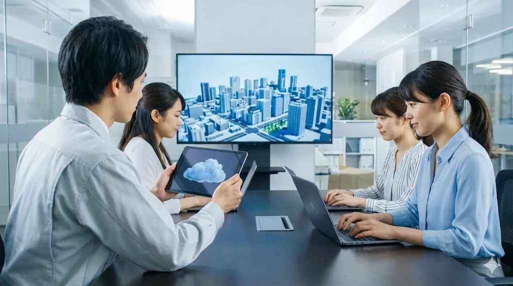 オフィスの会議室で、技術者がタブレットとノートPCを使いながら、クラウド上の3次元モデルを確認している様子
