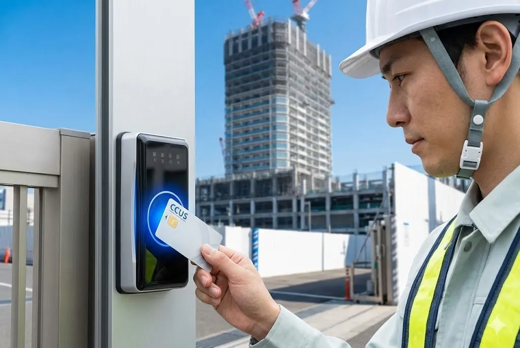 建設現場の入り口でICカードリーダーを使用してスムーズに入場管理を行う技能者の様子