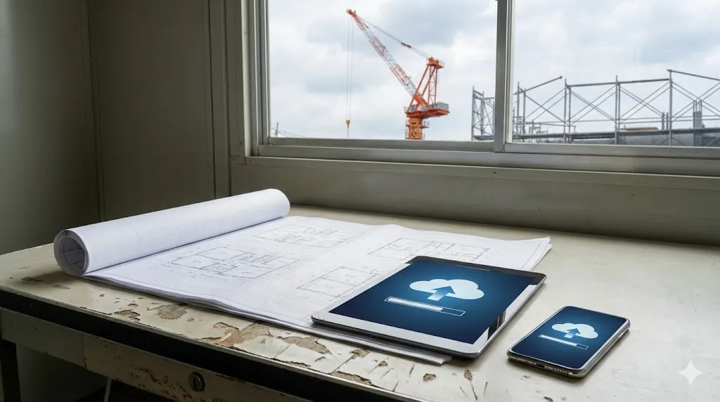 建設事務所でデバイスのデータ同期状況を確認する様子