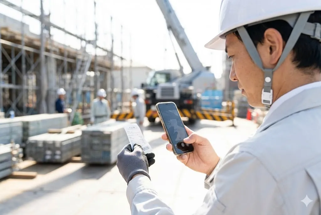 建設現場でスマートフォンを使い領収書をスキャナ保存のために撮影する現場監督