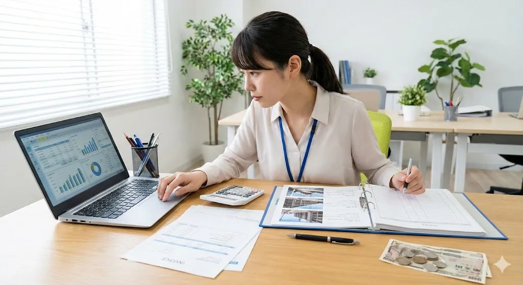 オフィスのノートパソコンで工事別原価のグラフを見ながら会計業務の効率化について相談するスタッフ