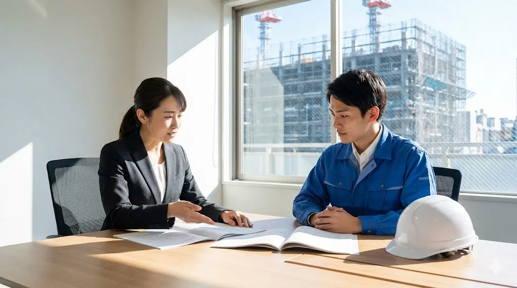 人事担当者が作業員に労働条件やキャリアパスについて説明している様子