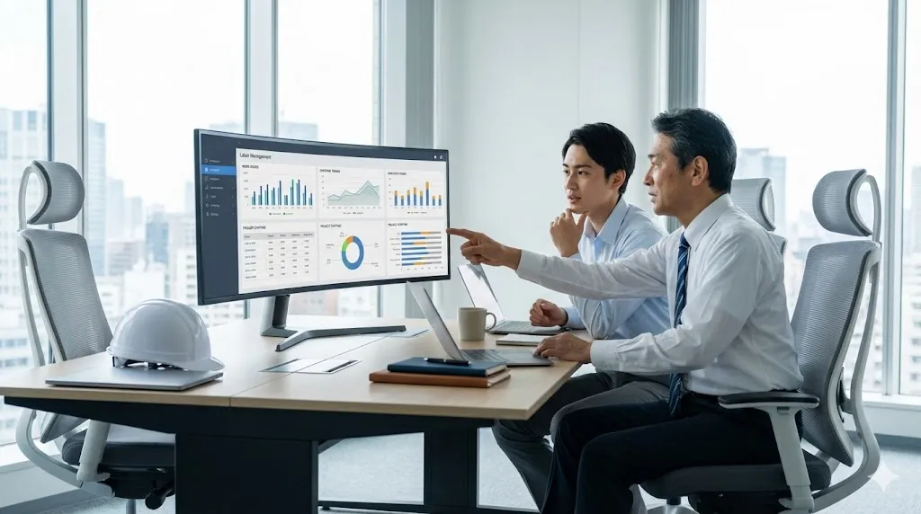 オフィスで労務管理ダッシュボードを確認しながら相談する建設会社の社員