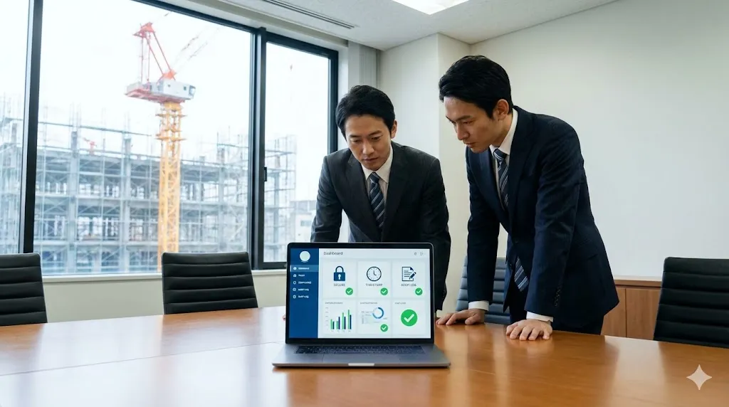 オフィスで電子署名システムのダッシュボードを確認するコンサルタントと役員