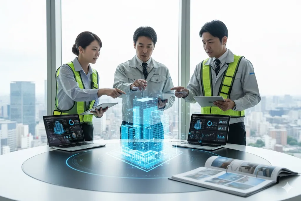 BIMモデルを中心に設計・施工・維持管理の担当者が連携しているイメージ