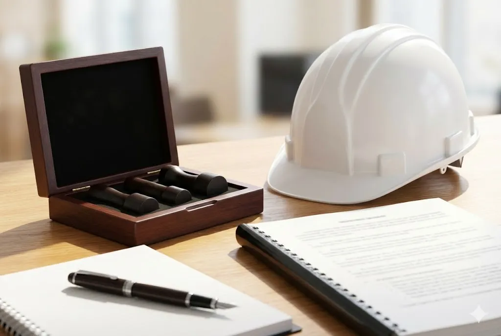 建設会社の設立に必要な実印と書類、現場用のヘルメットが置かれたデスクの写真