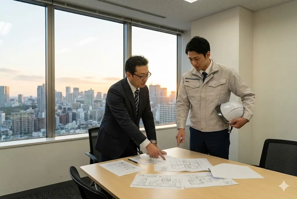 建設業の経営者と行政書士がオフィスで設立書類の確認を行っている写真