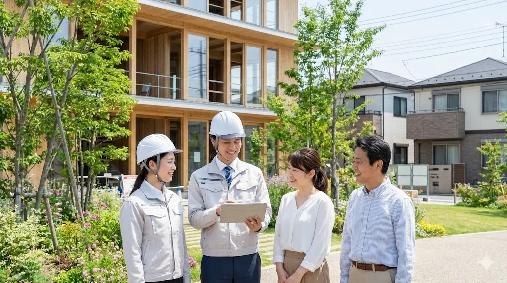 地域社会と調和し、住民と対話を重ねる建設会社のスタッフと明るい街並みの風景