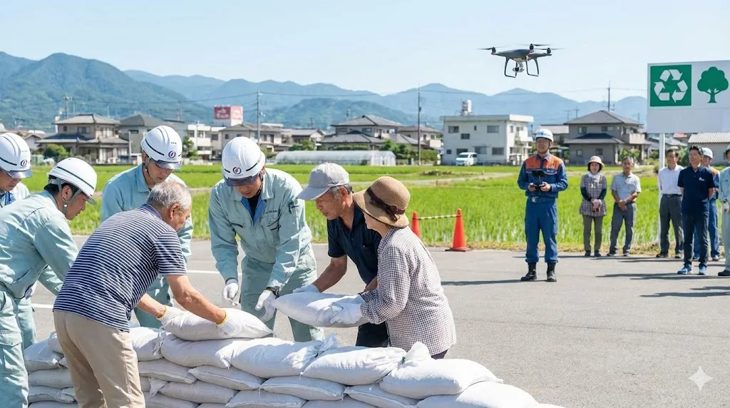 地域の防災訓練にて、住民と協力して土のうを積む建設会社のスタッフの様子